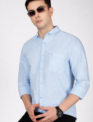 Sky Blue Slim Fit Cotton Casual Shirt Long Sleeve Solid Everyday Wear