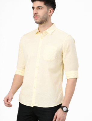 Men’s Yellow Slim Fit Cotton Casual Shirt Solid Long Sleeve Comfortable Everyday Wear