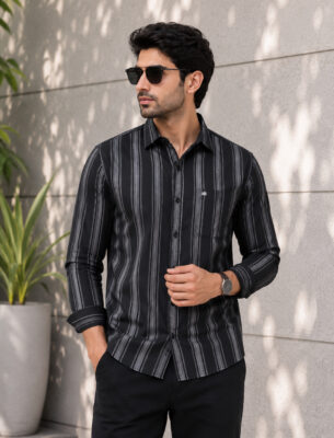 Classic Black Stripe Cotton Slim Fit Full Sleeve Shirt for Men