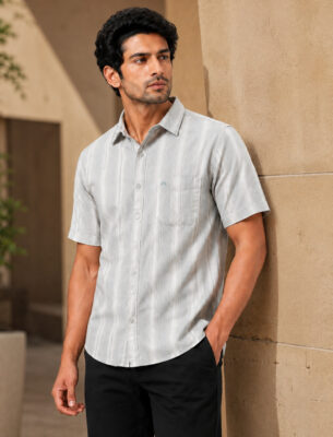 Trendy Light Green Stripe Cotton Shirt for Men Full Sleeve Slim Fit