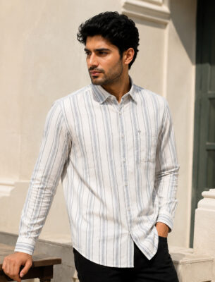 Classic White Stripe Cotton Slim Fit Full Sleeve Shirt for Men