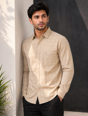 Men's Beige Cotton Casual Checked Shirt Slim Fit Full Sleeve