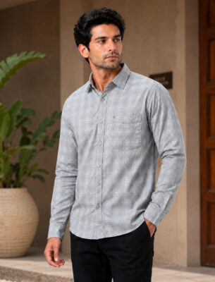 Men's Grey Cotton Casual Checked Shirt Slim Fit Full Sleeve