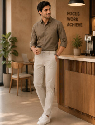 Premium Beige Cotton Trouser for Men Slim Fit Comfort Fit