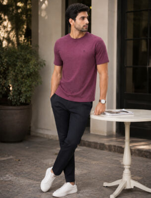 Solid Slim Fit Round Crew Neck Maroon Cotton T-shirt