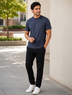 Solid Slim Fit Round Crew Neck Blue Cotton T-shirt