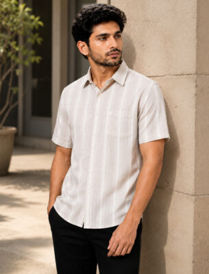 Trendy Light Purple Stripe Cotton Shirt for Men Full Sleeve Slim Fit