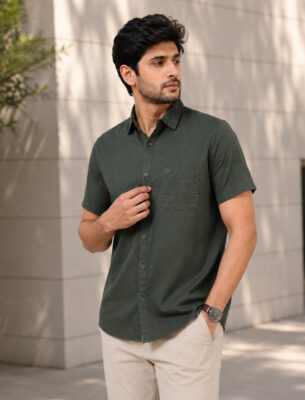 Modern Dark Olive Shirt for Men Slim Fit Smart Casual Wear