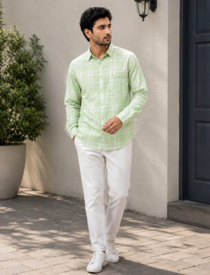 Smart Casual Green Checked Shirt for Men Cotton Slim Fit