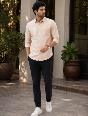 Smart Casual Orange Checked Shirt for Men Cotton Slim Fit