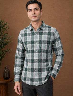 Green Trendy Checked Casual Shirt for Men Full Sleeve Slim Fit
