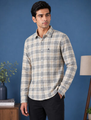 Dark Grey Checked Casual Shirt for Men Full Sleeve Slim Fit