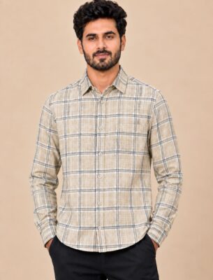 Classic Checked Casual Beige Shirt for Men Full Sleeve Slim Fit