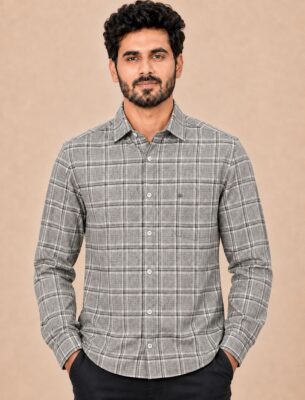 Classic Checked Casual Grey Shirt for Men Full Sleeve Slim Fit