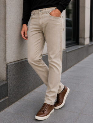 Men's Tapered Fit Beige Jeans Comfortable Casual Denim