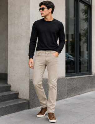 Men's Tapered Fit Beige Jeans Comfortable Casual Denim