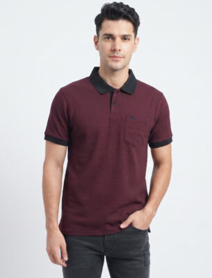 Solid Slim Fit Polo Maroon Cotton T-shirt