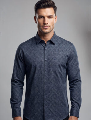 Men’s All-Over Printed Slim Fit Navy Casual Shirt