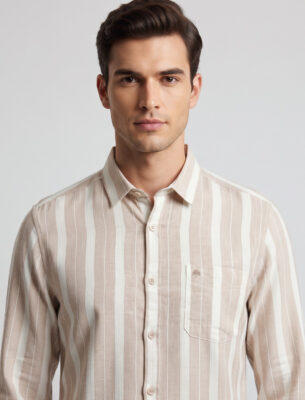 Premium Cotton Stripes Slim Fit Full Sleeve Brown Shirt for Men