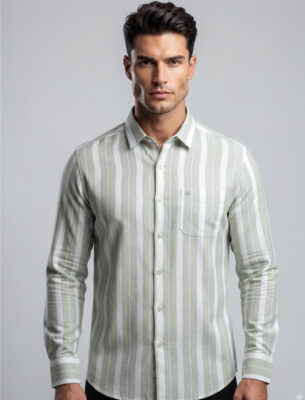 Trendy Cotton Stripes Slim Fit Full Sleeve Green Shirt for Men