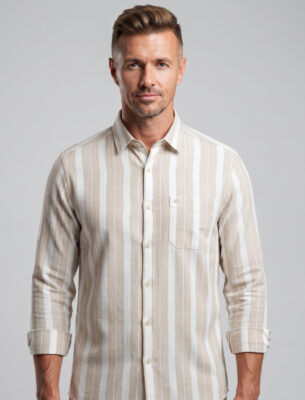 Trendy Cotton Stripes Slim Fit Full Sleeve Khaki Shirt for Men